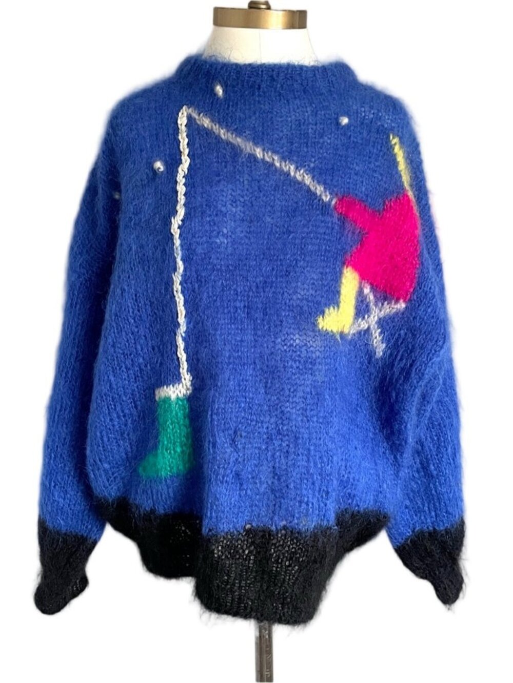 Vintage Handknit Blue Fishing Mohair Wool Sweater - Large 🇬🇧 - Picture 3 of 10